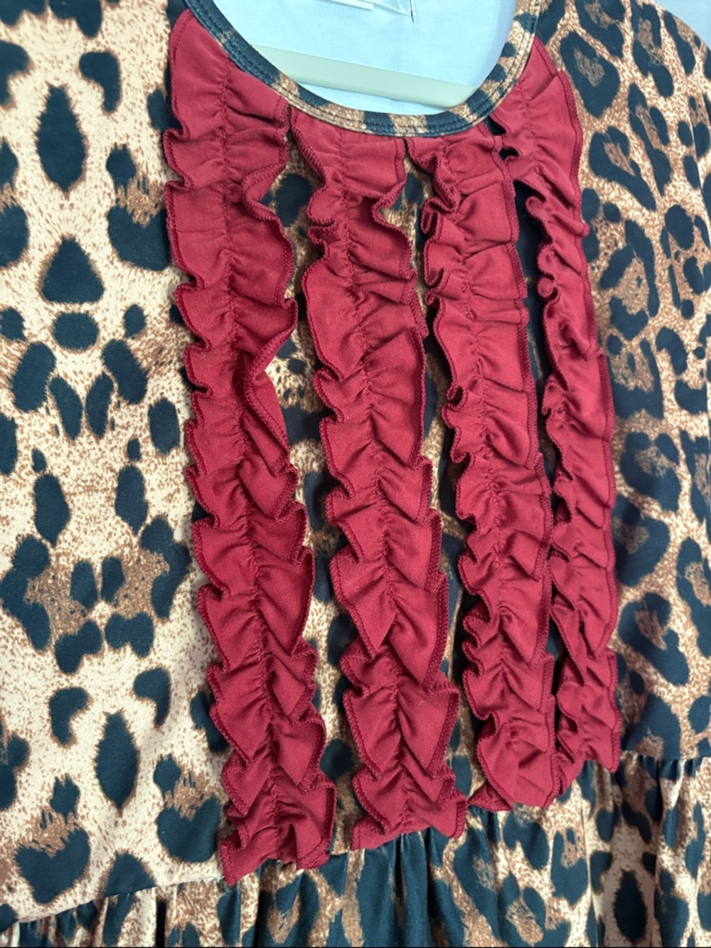 Sweet Modesty Women’s Leopard Print Ruffle-Trim Blouse in Brown and Rust/Red - Picture 4 of 7